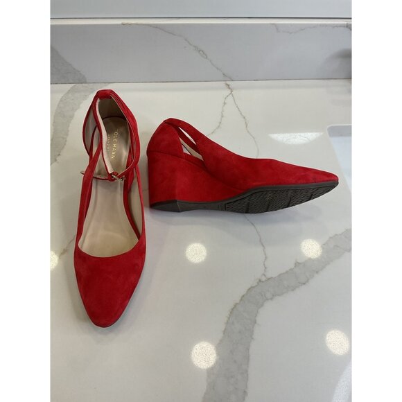 Cole Haan Lacey Cut Out Wedge Heel Mary Janes Red Suede Size 10 - Picture 1 of 8